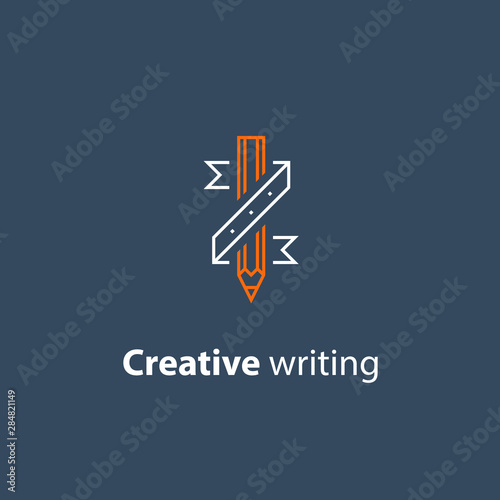 Storytelling concept, creative writing, pencil and ribbon, copywriting, linear icon
