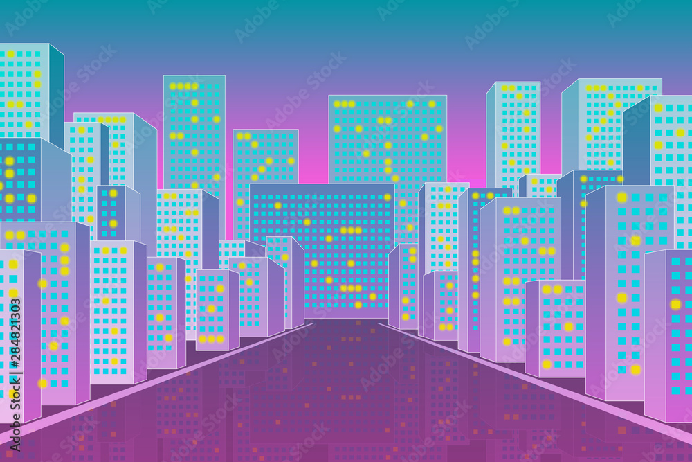 Modern city scape perspective view, street with buildings and a road, night lights, urban trendy background. Stock vector illustration