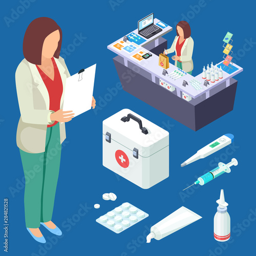 Pharmacy vector isometric set. Pharmacist at work, drugs and first aid kid illustration. Pharmacy isometric, product shop for healthcare