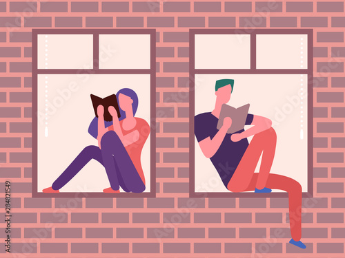 Girl and guy sitting on the windowsill and reading vector illustration. People read book in window frame