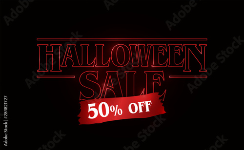 Halloween Sale 50% off text logo, Red glow text on black background. 80's style, eighties design. Vector illustration