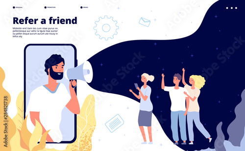 Refer a friend. People shouting on megaphone with refer a friend word, friends recommend landing page vector design. Illustration refer friend, advertising announcement, referring online
