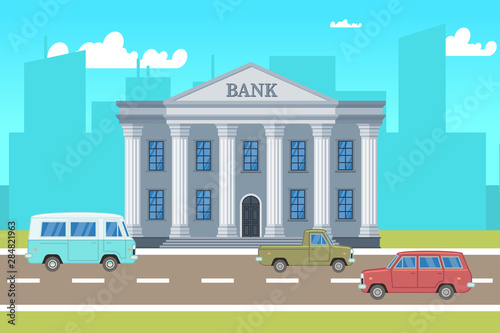 City landscape with bank building, cars, skylines silhouettes vector illustration. Building cityscape, architecture bank , urban town