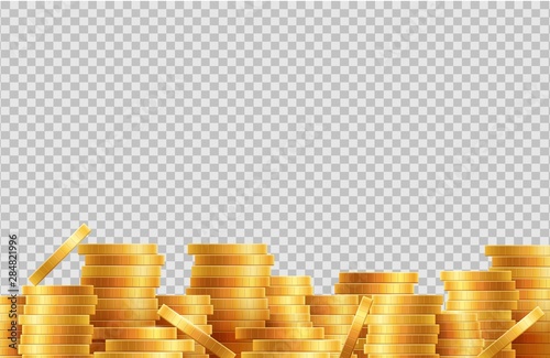 Stacks of coins vector. Lot golden coins isolated on transparent background. Illustration stack wealth golden coins, treasure investment financial