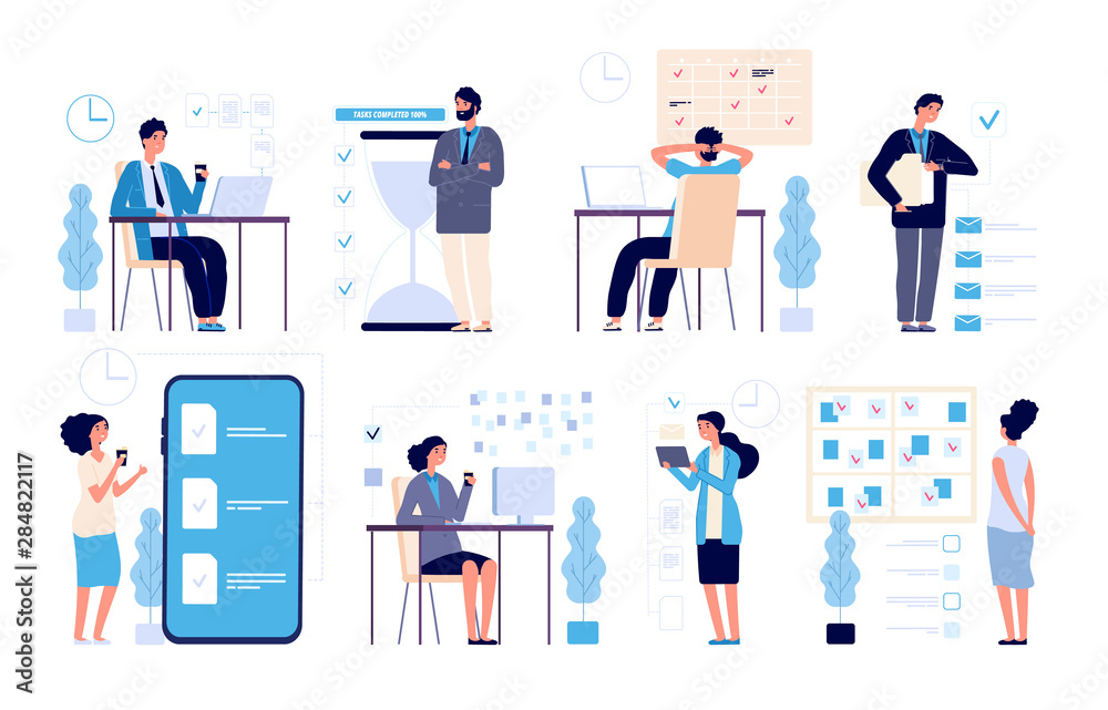 Effective time management. Man managed tasks, planning strategy organized activities schedule isolated vector characters. Illustration management business, schedule strategy calendar - obrazy, fototapety, plakaty 