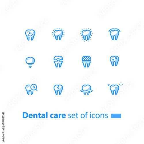 Stomatology services, dental care, prevention check up, tooth implant and crown, line icons