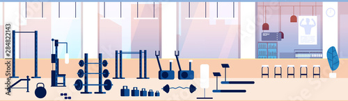 Gym interior. Fitness training room with sports equipment, dumbbells and treadmill. Barbell and bench for workout. Vector background. Illustration fitness equipment, gym training interior