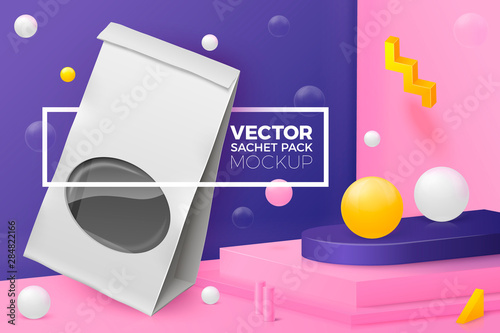 Vector 3d realistic corner wall abstract scene with paper bag, text and border, podium, pink, white and violet balls and objects.