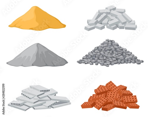 Building material piles. Red and lime brick, cement heaps. Gravel pile and reinforced concrete slabs isolated vector set. Industrial pile brick, block and sand, wood and stone illustration