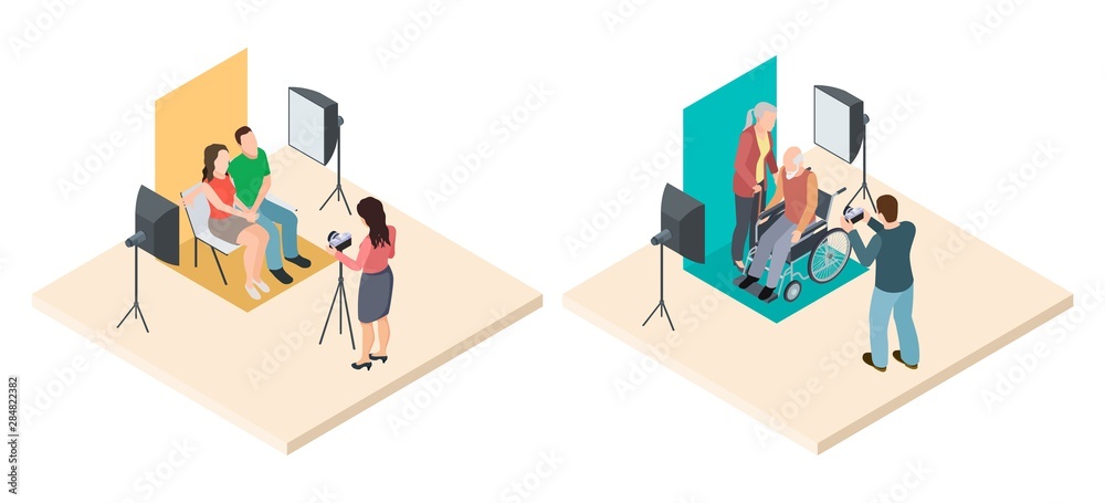 Photo shoot isometric. Young and elderly couples and professional photographers. Vector professional photo session illustration. Professional photography take photo in studio Photo shoot isometric. Young and elderly couples and professional photographers. Vector professional photo session illustration. Professional photography take photo in studio