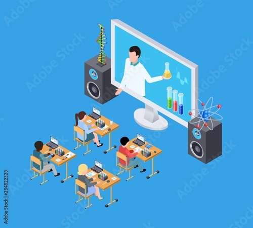 Childrens science experiment. Isometric chemistry lesson for kids. Online education vector concept. Illustration education school, chemistry lesson