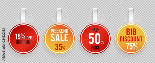 Sale wobblers mockup. Special offer, discount vector banners template on transparent background. Wobbler discount advertising, tag plastic for retail illustration photo