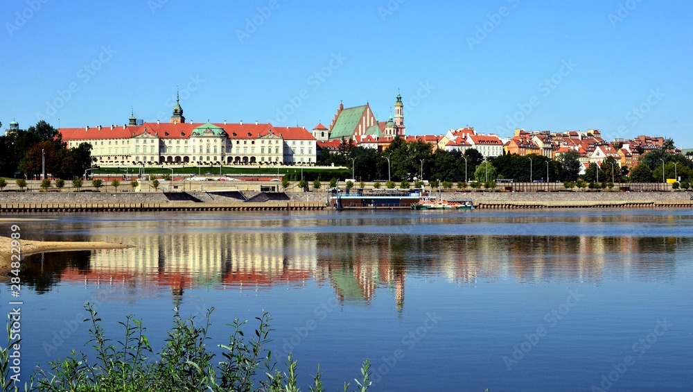 Warsaw's Royal Castle and Old Town, panoramic view from the Vistula (Wisla) river. Vistula river and Warsaw Old Town skyline. Warsaw, Poland