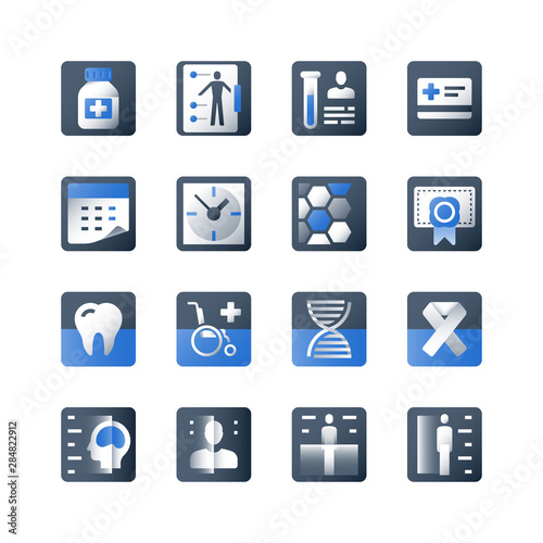 Health care collection, medical icon set, diagnostic and therapy, head and body scan