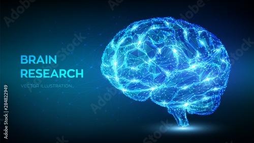 Brain. Low poly abstract digital human brain. Neural network. IQ testing, artificial intelligence virtual emulation science technology concept. Brainstorm think idea. 3D polygonal vector illustration.