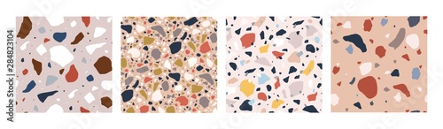 Bundle of decorative Italian terrazzo textures. Set of motley seamless patterns with colorful mineral rock pieces or fragments. Modern vector illustration for wrapping paper, fabric print, flooring.