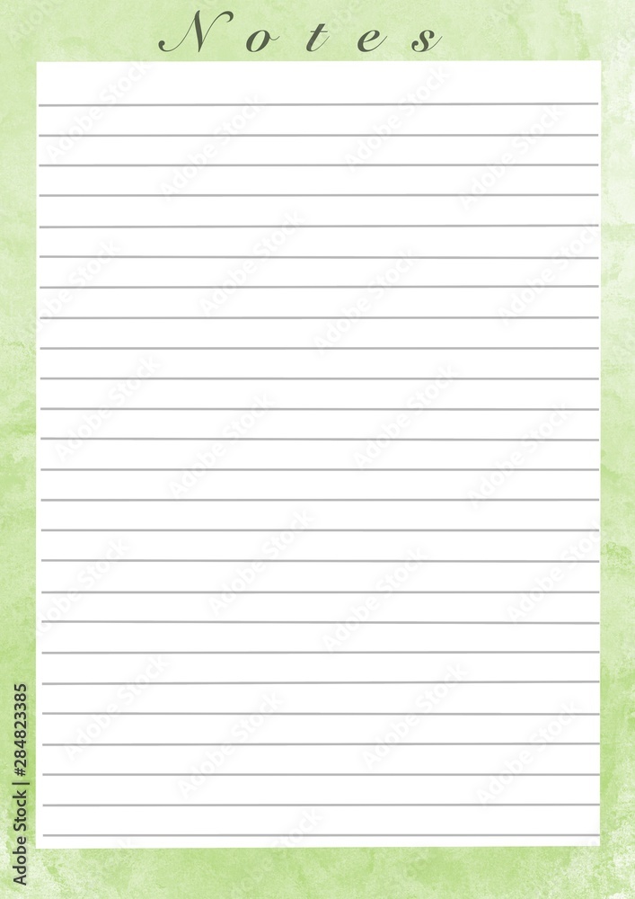 Naklejka premium Printing paper note, optimal A4 size. Lined paper for notebook, diary,letters, notes. With watercolor illustration frame