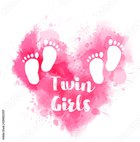 Pink watercolor heart with baby footprints