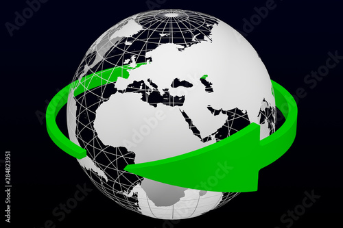 Green arrow around transparent model of Planet Earth. 3D rendering.
