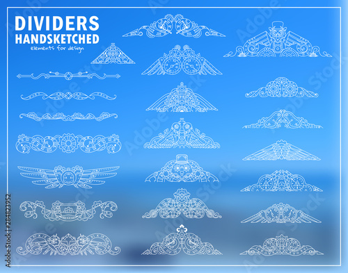 Vector calligraphic elements for design. Mechanical clock, gear, birds, owls