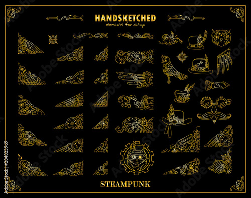 Vector vintage elements for design. Steampunk collection, hand drawn mechanical watch, clock, gear wheel, birds, feathers, owl, cat. Ornate art for frames, borders, logo. Metallic gold color on black photo
