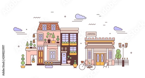 Urban landscape or cityscape with facades of elegant residential buildings of European architecture. View of city district with living houses and library. Vector illustration in line art style.