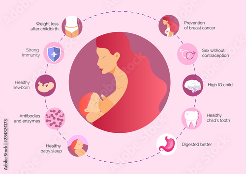The benefits of breastfeeding for moms and baby. Infographic of antibodies and enzymes are important, better absorption