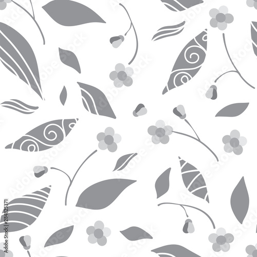 Vector cartoon endless seamless pattern, neutral gray colors, flat style. Abstract flowers, branches and leaves. Perfect for cotton fabric, texture, paper