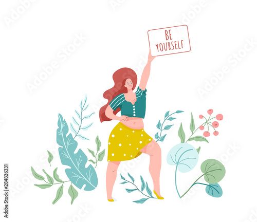 Be yourself. Smiling woman with plus size body in skirt, shirt. Vector illustration with green floral nature elements. Body love, positive concept