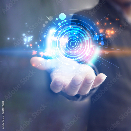 Abstract technology network. Glowing cycle on hand