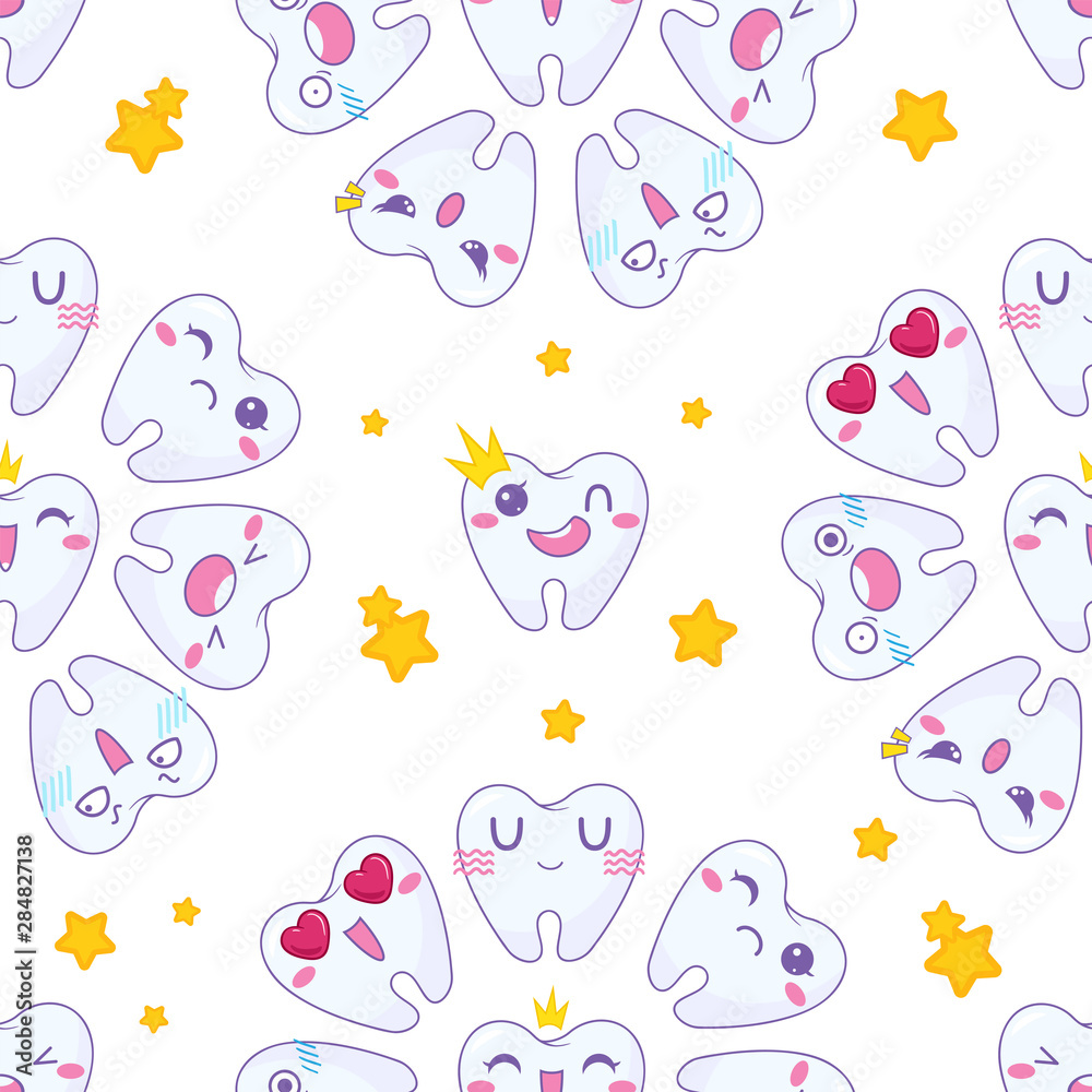 Vector seamless pattern.  Kawaii funny teeth with random muzzles, as a happy, grumpy, moody, screaming, loving. Cartoon dental characters with stars on white background. Simple anime design
