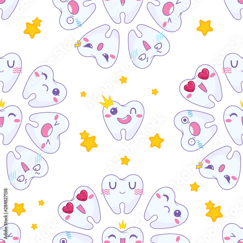 Vector seamless pattern.  Kawaii funny teeth with random muzzles, as a happy, grumpy, moody, screaming, loving. Cartoon dental characters with stars on white background. Simple anime design