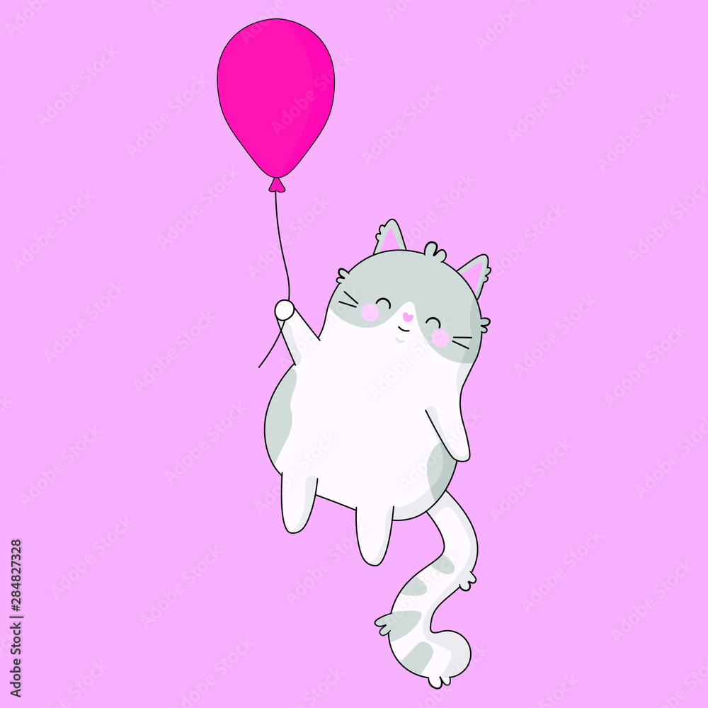 Vector graphics. Beautiful, adorable, cute illustration of a cat, which holds balloon. Isolated illustration. Kawaii emotions. Light pink background. Vector graphics. Beautiful, adorable, cute illustration of a cat, which holds balloon. Isolated illustration. Kawaii emotions. Light pink background.