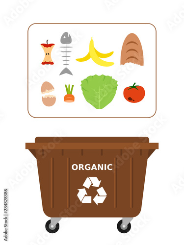 Trash dumpster for organic waste suitable for recycling. Recycling organic waste, compost, segregate waste, sorting garbage, eco friendly, concept. White background. Vector illustration, flat style.