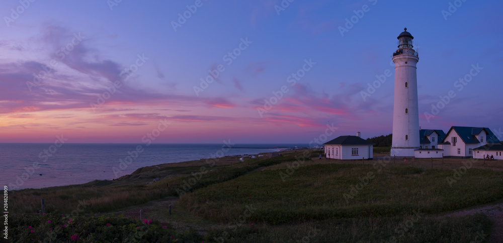 Hirtshals lighthouse at sunset on the coast of Denmark