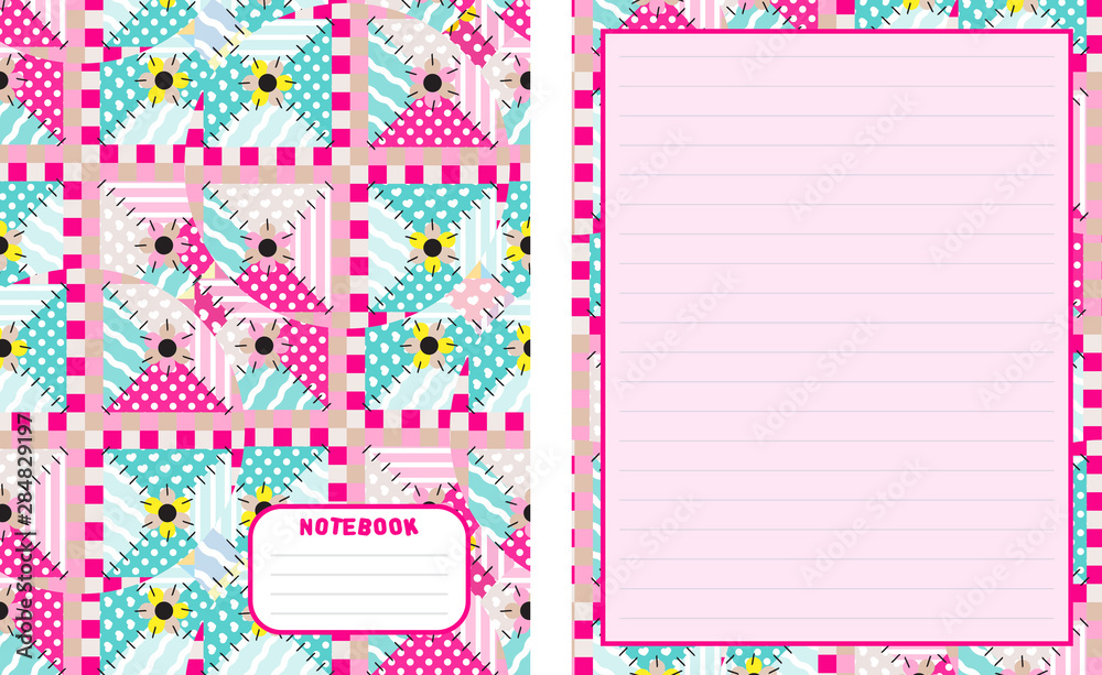 Set of vector backgrounds for school notebook, cover and blank page. Kawaii paper for handwriting letters, diary, planners, notes. Abstract illustration in patchwork, textile style. Lined version