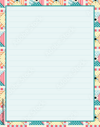 Vector printing paper note, optimal A4 size. Kawaii paper blank for notebook, handwriting letters, diary, planners, notes. Abstract illustration in patchwork, quilting, textile style. Lined version