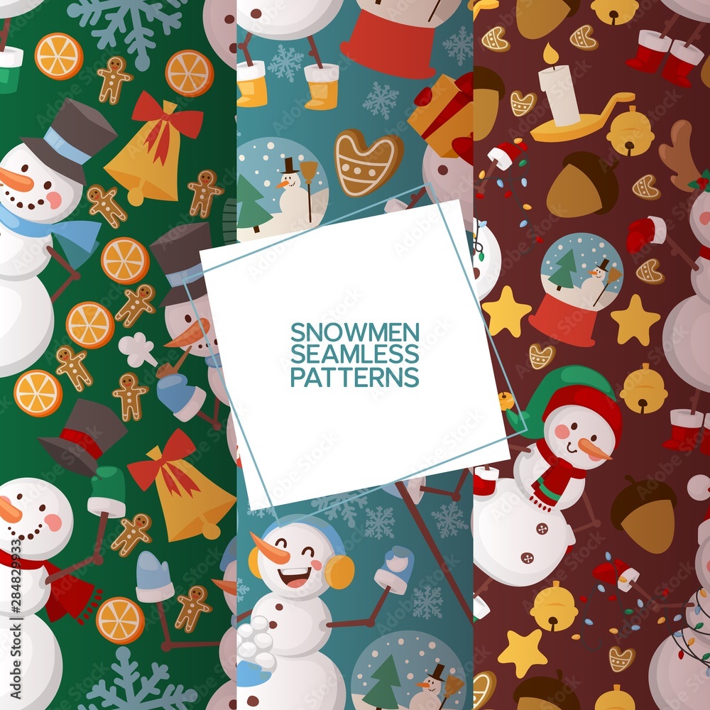 Obraz premium Winter holidays snowman set of seamless patterns vector illustration. Cheerful snowmen in different costumes and outfits. Cold season activities. Character wearing hat, mittens, boots.