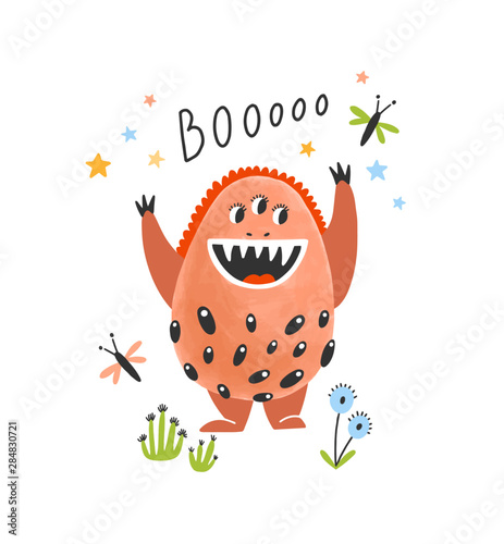 Joyful wild monster, alien or extraterrestrial with fangs