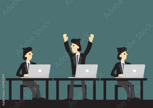 Businessman raise his arm after finishing his work. Concept of finishing his work or making a sell.