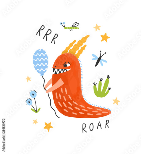 Cute funny monster or alien holding balloon