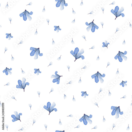 Pattern of watercolor blue flowers on a white background
