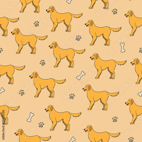 Seamless pattern with cartoon labrador retriever dog  bones and paws