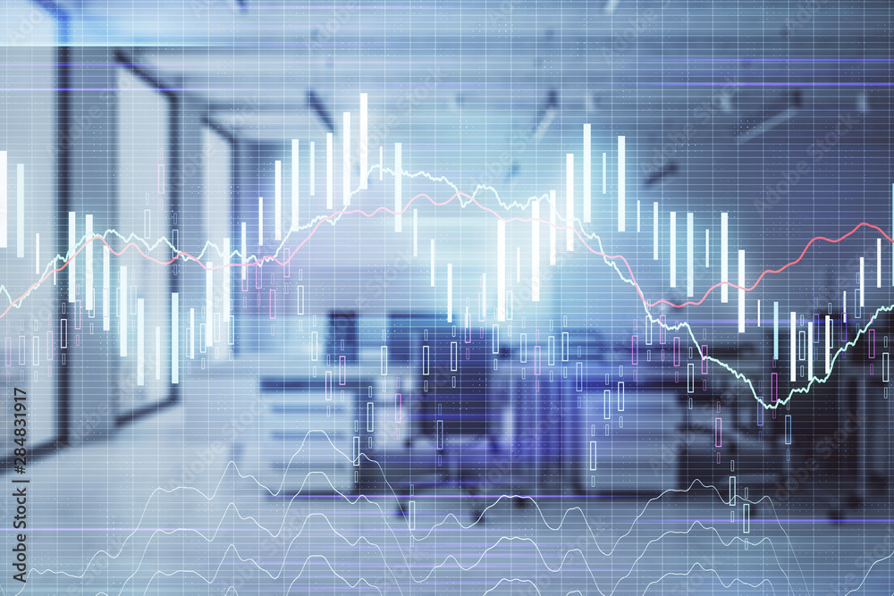 Stock and bond market graph with trading desk bank office interior on background. Multi exposure. Concept of financial analysis Stock and bond market graph with trading desk bank office interior on background. Multi exposure. Concept of financial analysis