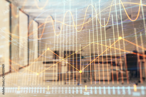 Stock market chart with trading desk bank office interior on background. Double exposure. Concept of financial analysis