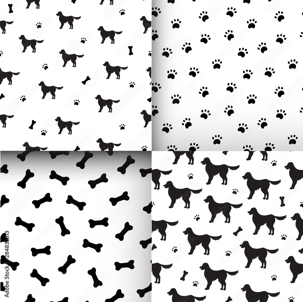 Set of Seamless patterns with black silhouettes of cartoon labrador retriever dogs, bones and paws on white