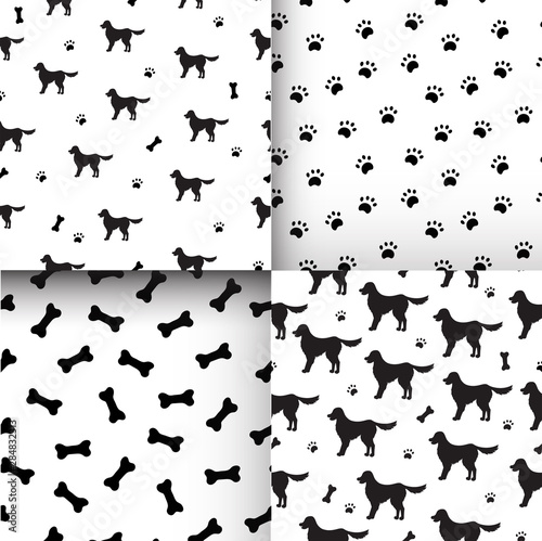 Set of Seamless patterns with black silhouettes of cartoon labrador retriever dogs, bones and paws on white