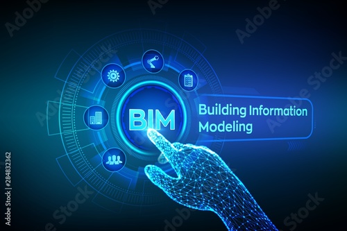 BIM. Building Information Modeling Technology concept on virtual screen. Business Industry, Architecture and Construction concept. Robotic hand touching digital interface. Vector illustration.