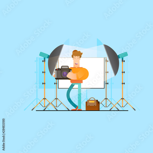 Photographer working with model in studio. - Vector