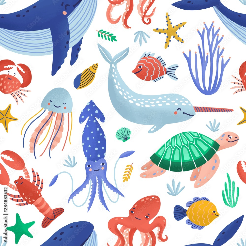 Seamless pattern with cute happy marine animals living in ocean. Backdrop  with underwater fauna or sea world creatures on white background. Flat  cartoon childish vector illustration for textile print. Stock Vector |